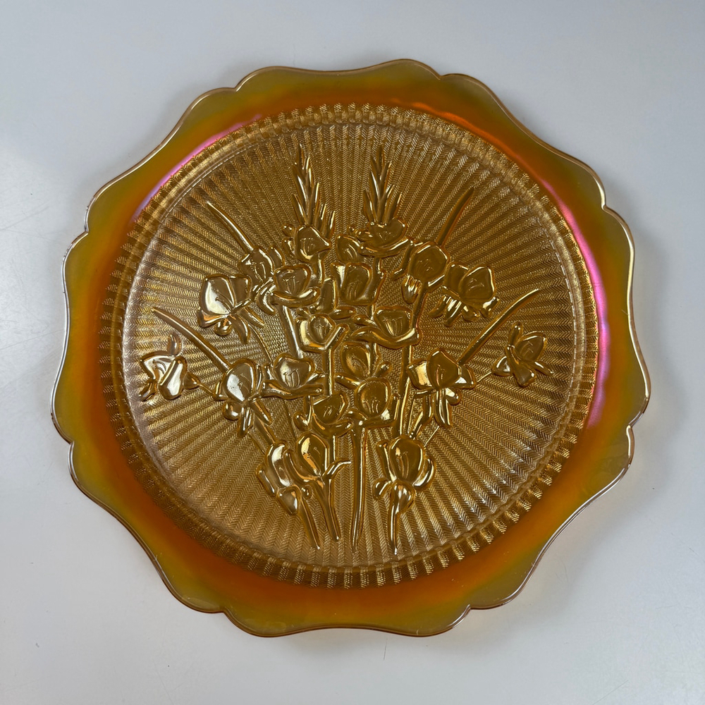 VTG 50’s Jeannette Carnival Iris Herringbone Marigold Platter Gold Iridescent 12